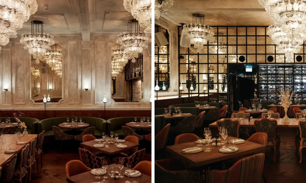 big ornate dining room with decanter chandeliers