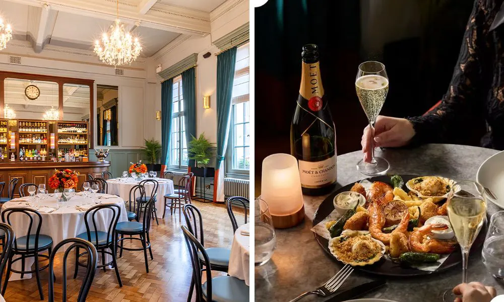 elegant restaurant interiors with chandeliers, and someone drinking Champagne and eating a plate of seafood