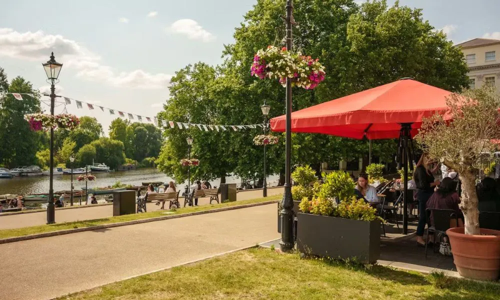 outdoor terrace at restaurant overlooking river thames