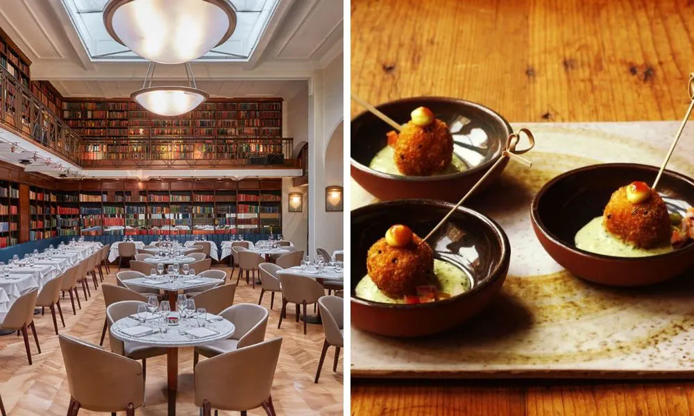 grand restaurant with bookshelves and indian canapes