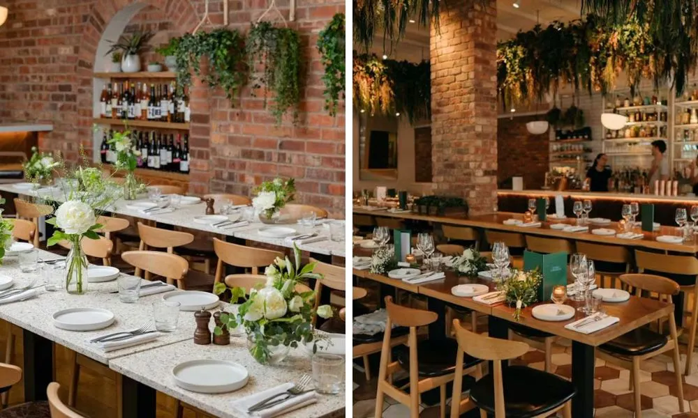 restaurant with banquet style tables set for a wedding dinner