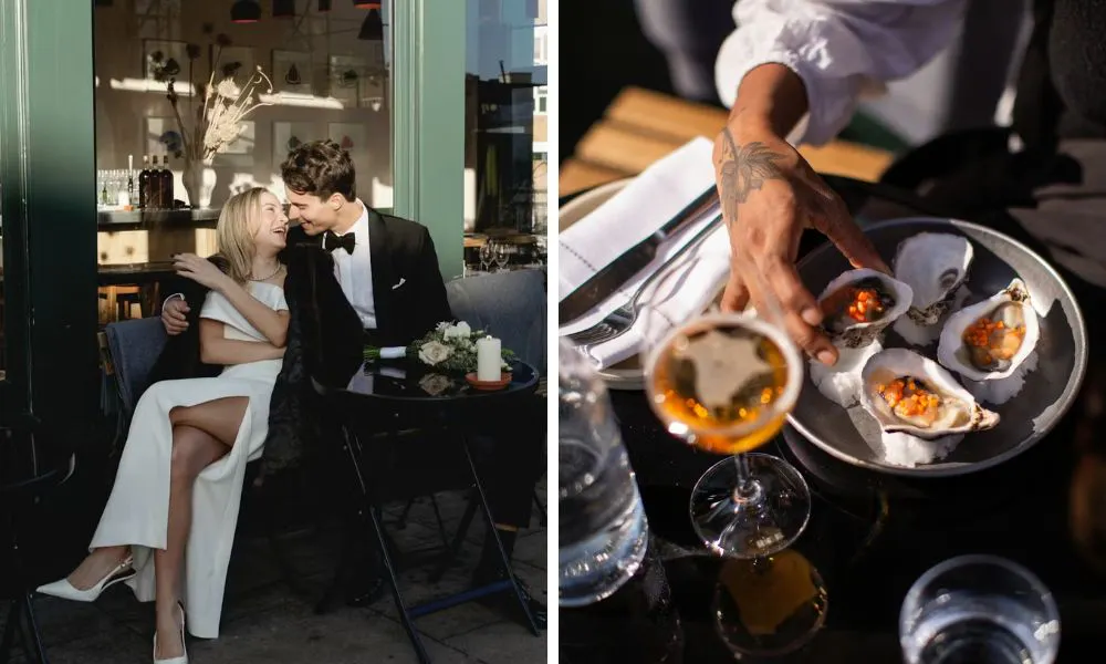couple posing for photo outside restaurant and oysters with mignonette