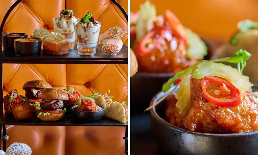 afternoon tea stand and close up of dishes