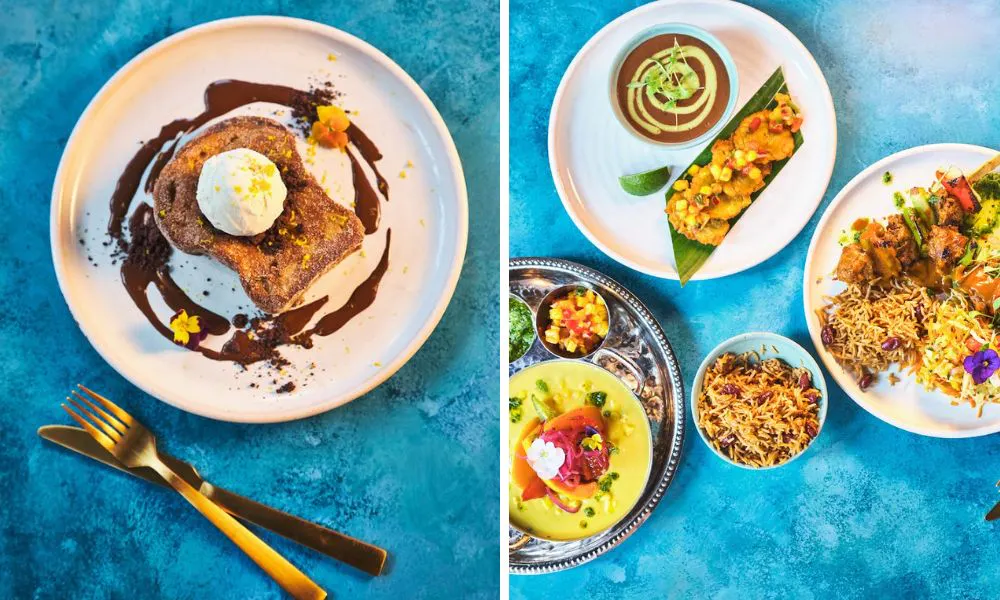 french toast on the left and a selection of vegan dishes on the right