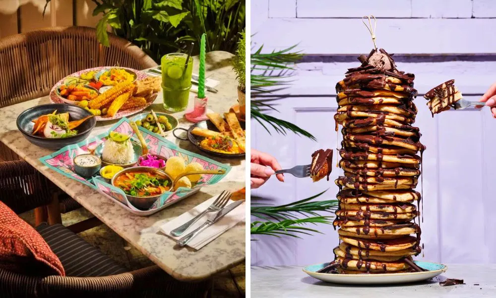 plates of brunch dishes and stack of pancakes