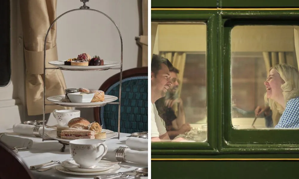classic three tiered afternoon tea and diners seated on train carriage