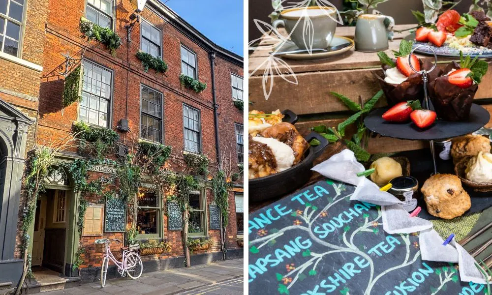exterior of forest restaurant in york and afterinoon tea with scones