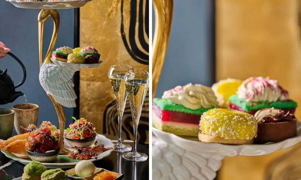 japanese inspired afternoon tea with glasses of champagne