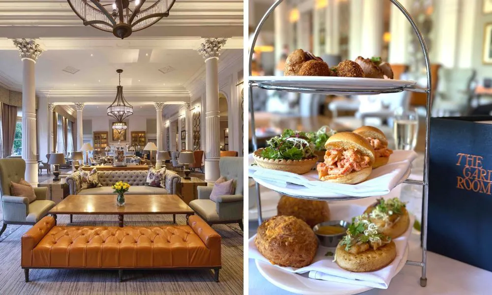 glamorous hotel dining room and three tiered afternoon tea