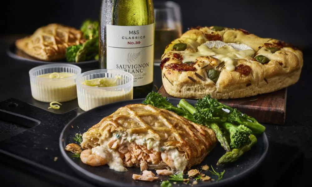 Salmon and Prawn en Croutes, Nocellara Focaccia and Melting Camembert, Sicilian Lemon Possets and a bottle of M&S Classics Sauvignon Blanc