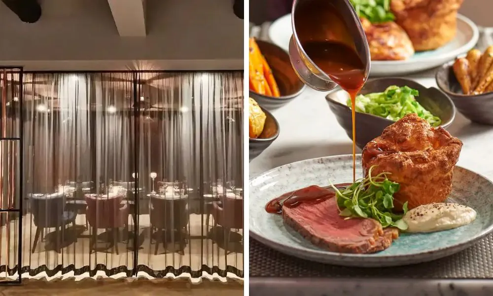 private dining room with curtain and roast beef
