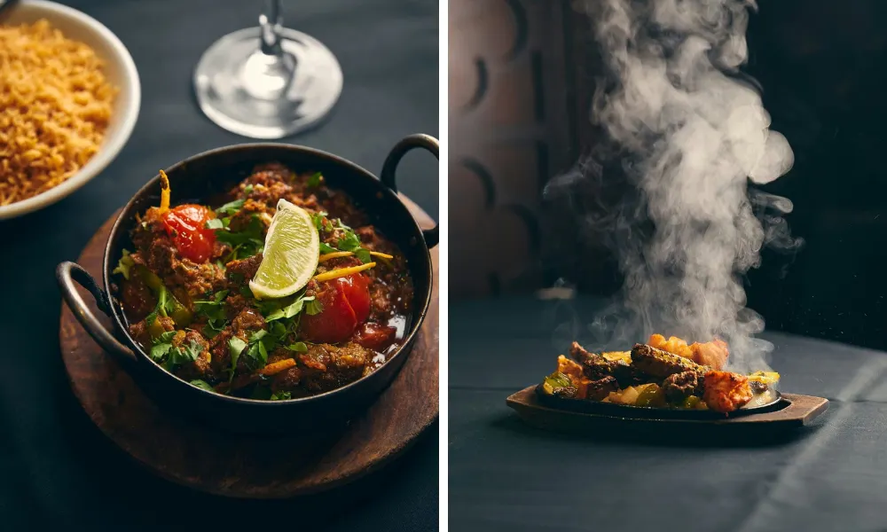 steaming grill dishes and bowl of curry