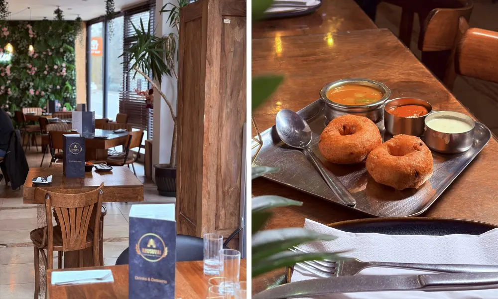 relaxed restaurant interiors and a selection of fried doughnuts and dips