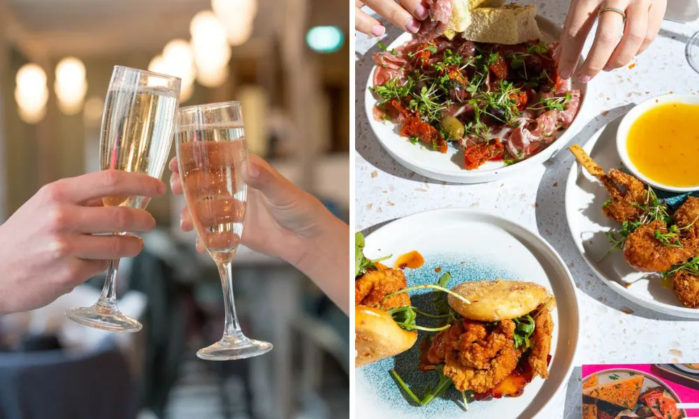 glasses of prosecco (left) and a selection of small plates (right)
