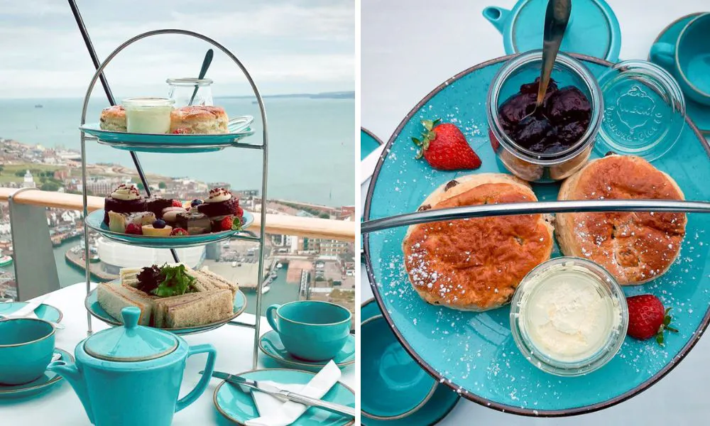Afternoon tea on cake stand (left), scones, jam and cream (right)