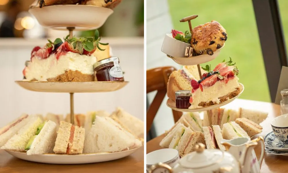 a stand of cakes and sandwiches at the parade tea rooms