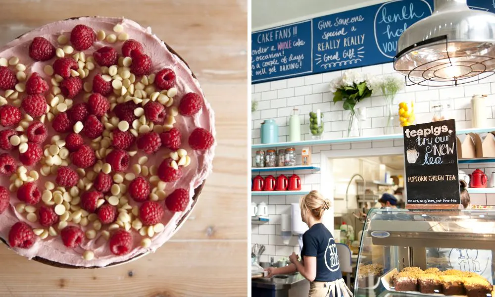 a raspberry and white chocolate cake (left) and the inside of the tenth hole (right)