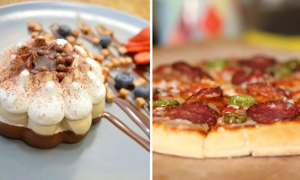 tiramisu (left), pepperoni pizza (right)