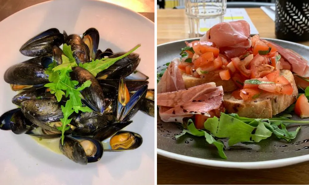 a bowl of mussels (left), bread topped with prosciutto and tomatoes (right)