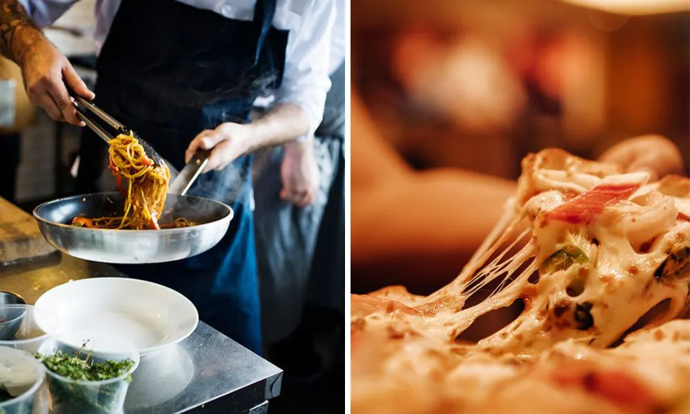 a chef taking pasta out of a pan (left), slice of cheesy pizza (right)
