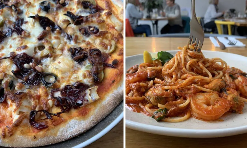 an onion and olive topped pizza (left), and a plate of seafood spaghetti (right)