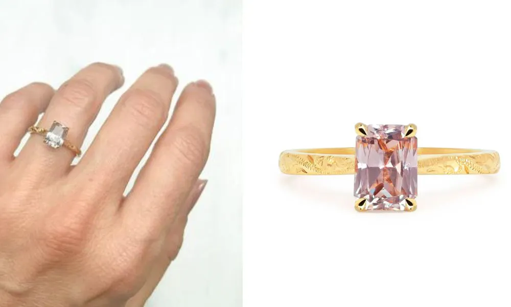 emerald-cut pink sapphire engagement ring with gold detailed band