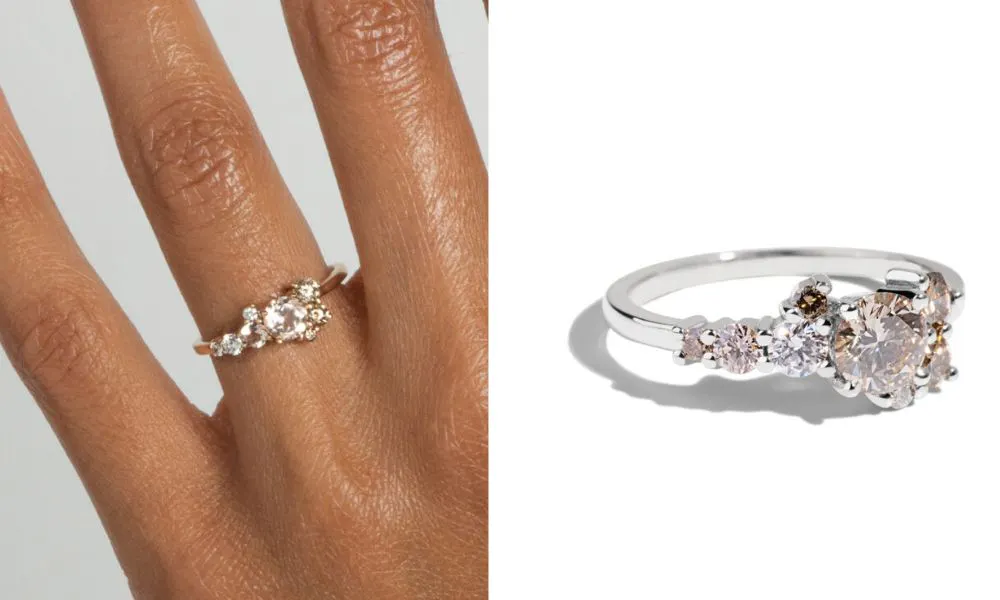 Champagne diamond centre stone with an ombre mix of white and champagne diamond side stones set on a silver band