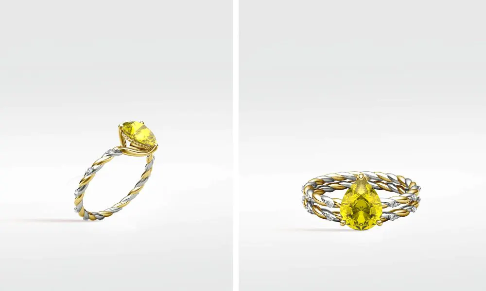 gold and silver bands entwined with pear shaped yellow diamond in centre