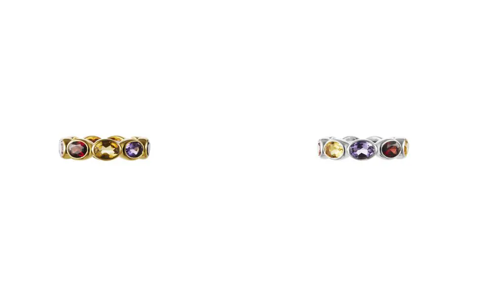 silver band with multiple gemstones imbedded in design