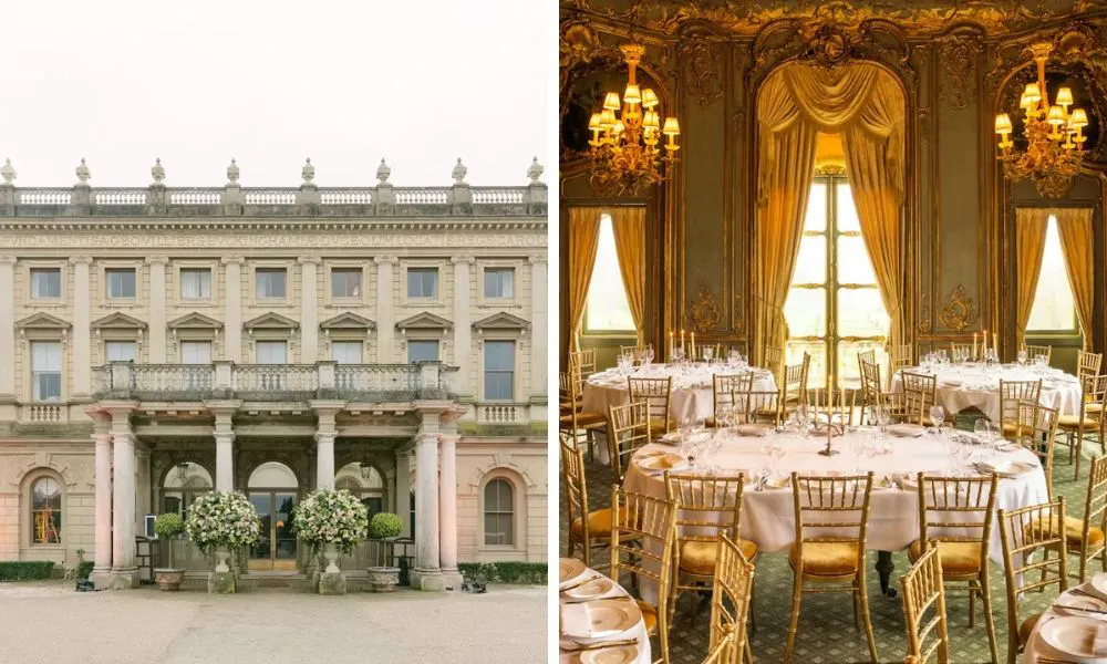 courtyard at wedding venue and wedding breakfast with tall windows