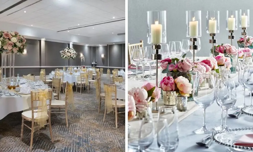 wedding breakfast in hotel and tablescape with candles and flowers