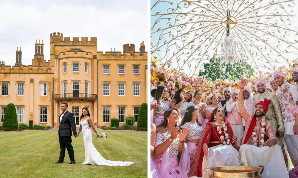 couple outside wedding venue and wedding guests under a chandelier
