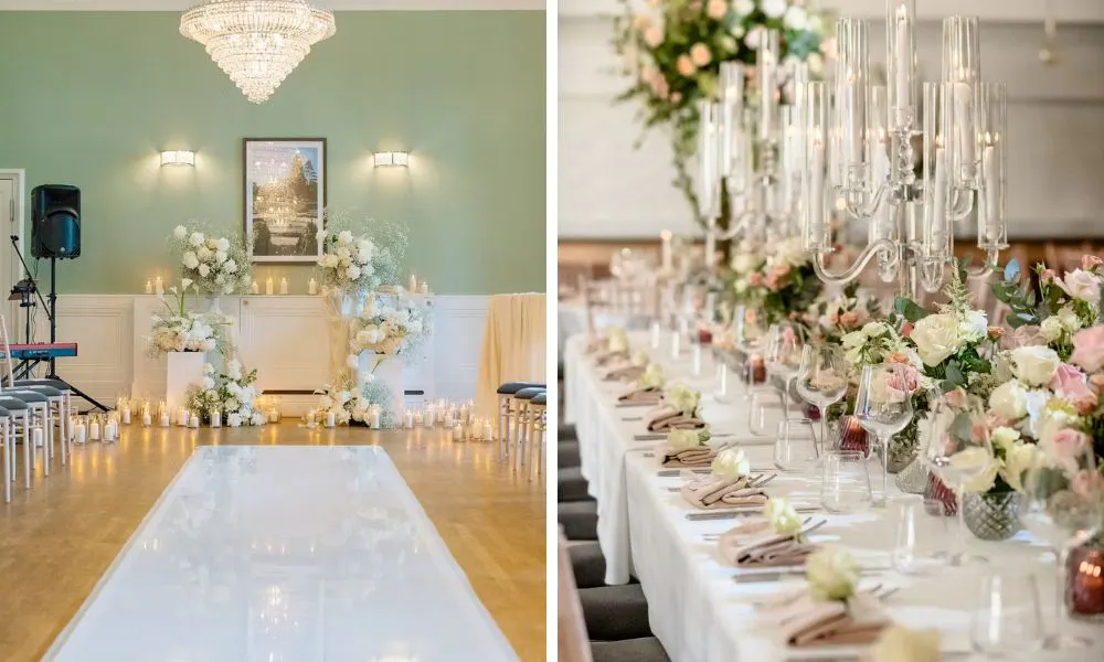 wedding aisle and long banquet table with candles