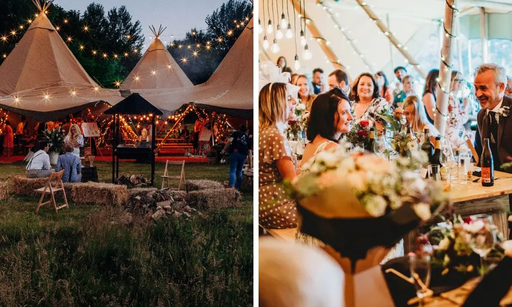 tipi at night with fairy lights and wedding guests in marquee