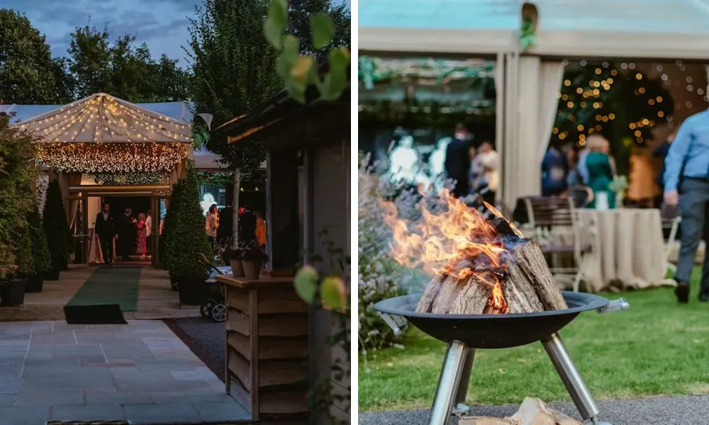 marquee with fairy lights and firepit at night