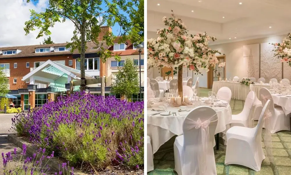 flowerbed outside building and wedding breakfast with floral centrepiece