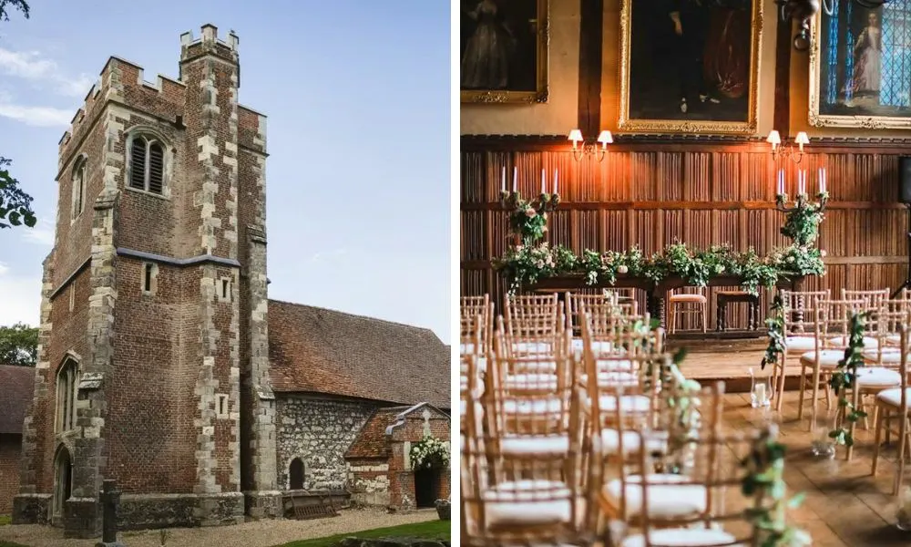 outside shot of barn and wedding aisle with candles