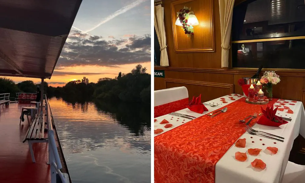 boat on the lake and table decorated with red petals
