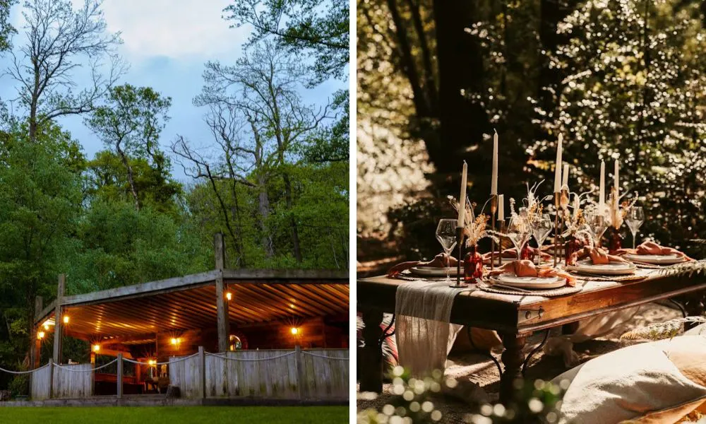 outdoor terrace and wooden table with candles and runner