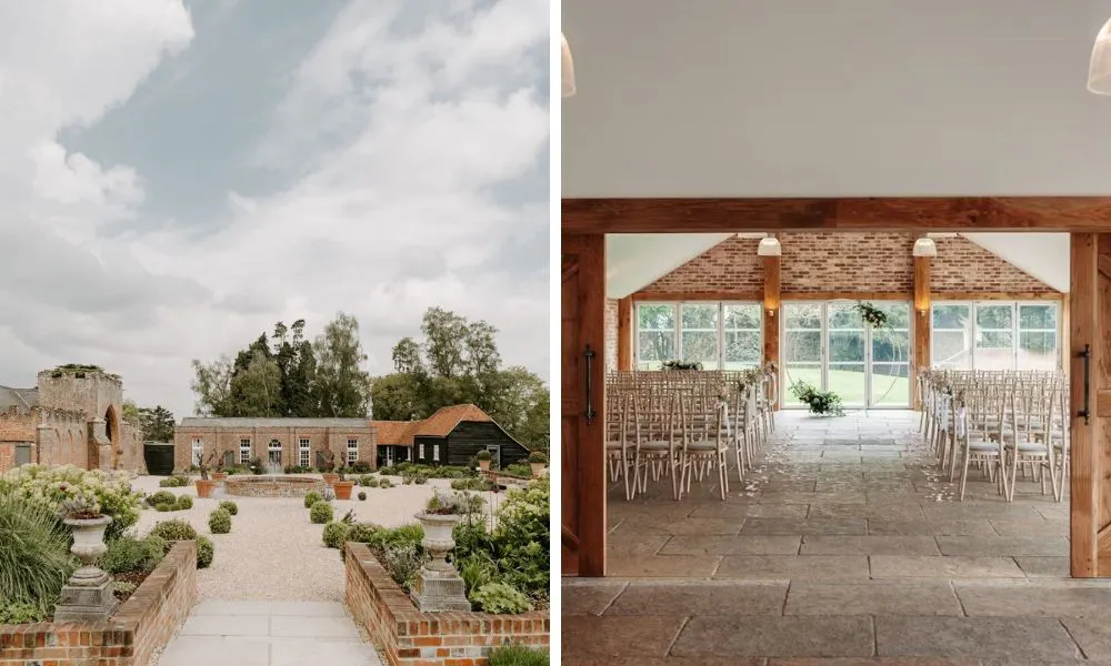 courtyard at a wedding venue and aisle in a barn