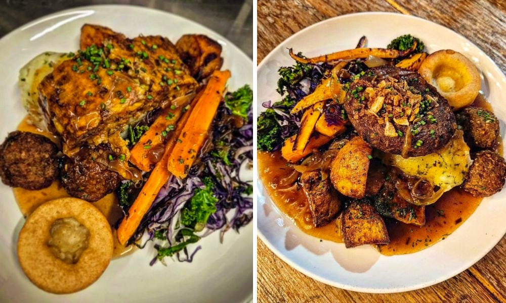 plates of vegan roast dinners
