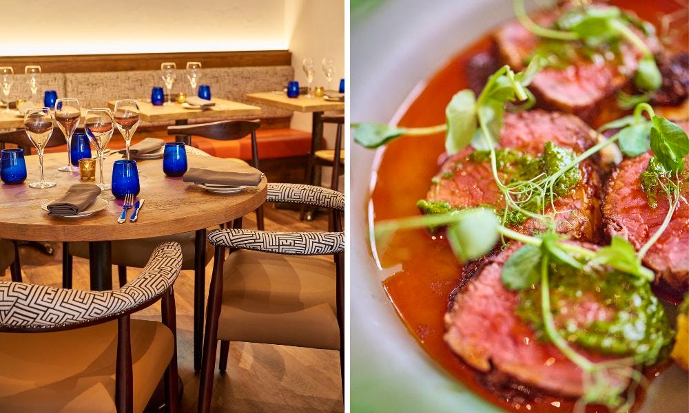 the interior at Chakana (left), a beef dish (right)