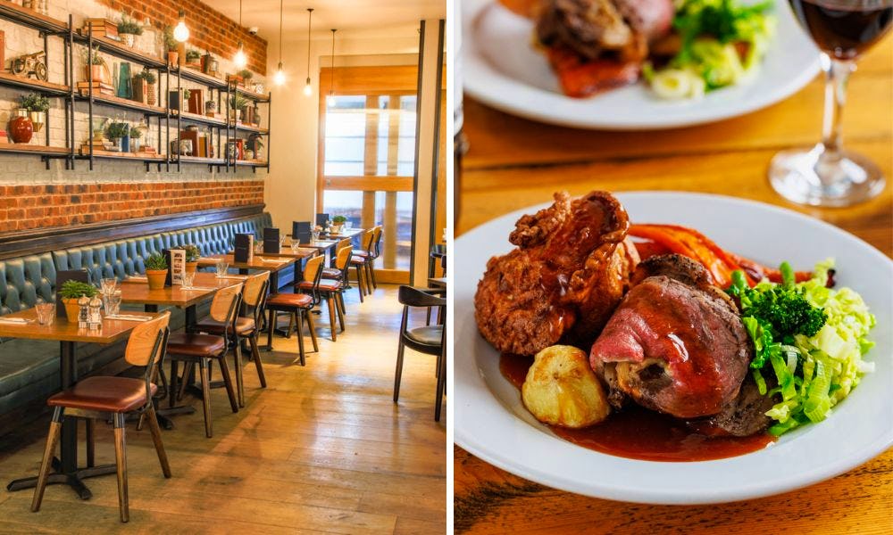 the interior at Saint Pauls House (left), roast dinner (right)