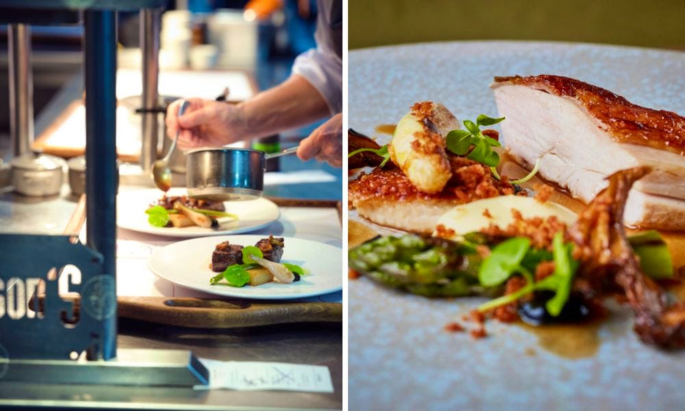 someone plating up dishes (left), pork belly (right)