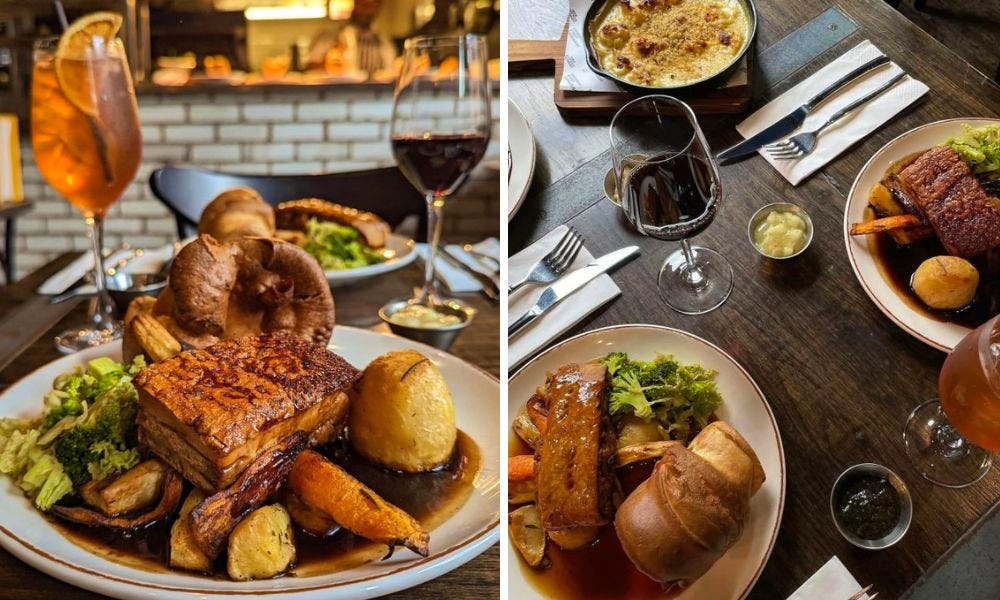 plates of roast dinners and a couple of drinks on a table