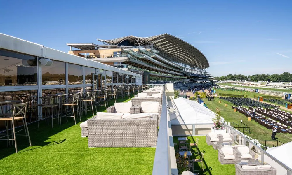 large marquee at ascot racecourse with terrace seating