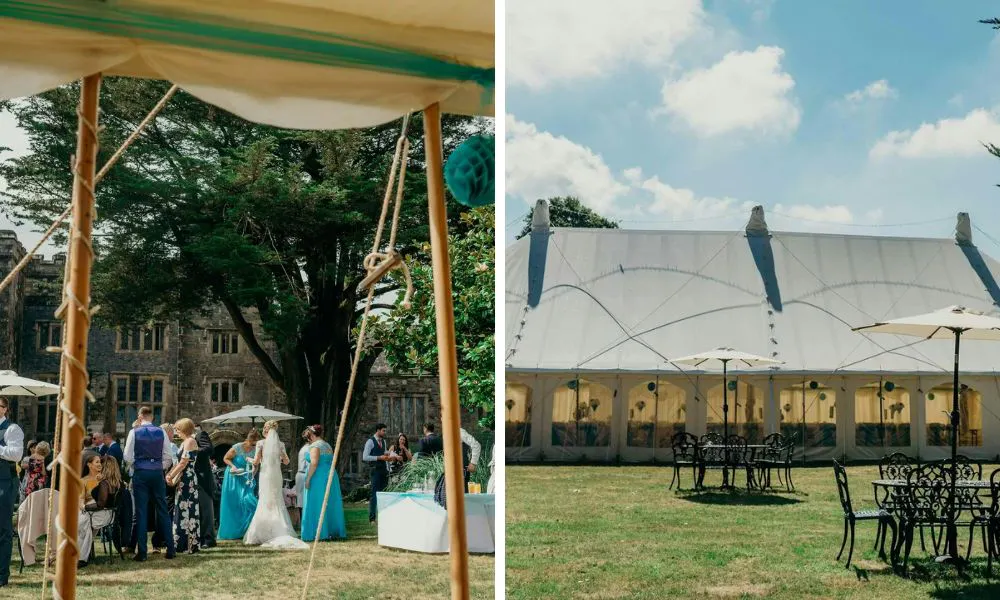 historic exteriors of Boringdon Hall and large garden marquee