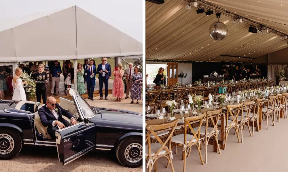 groom getting out of a car and marquee with long banquet tables