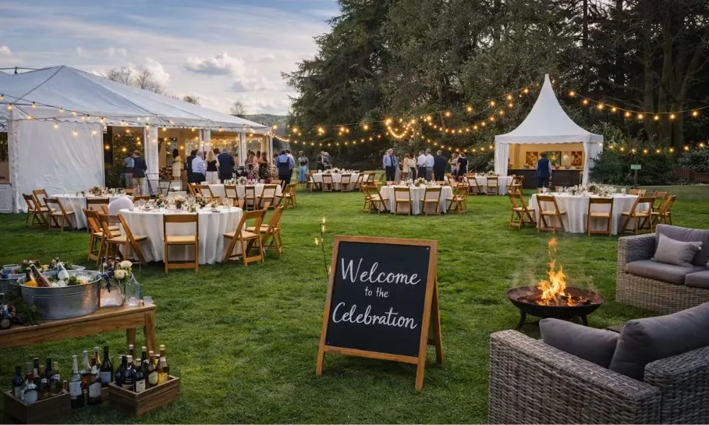 outdoor marquee wedding with firepit fairy lights and wedding tables