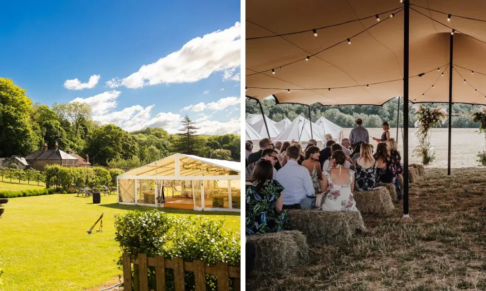walled gardens with large stretch marquee and bell tent with hay bales